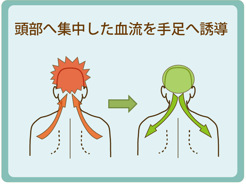 頭部へ集中した血流を手足へ誘導し、血管の拡張を抑える。